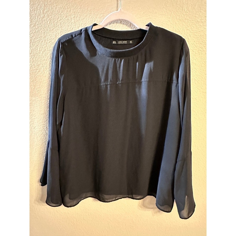 Zara Basic Collection Blouse Bell Sleeve Sheer Black Top Size XL